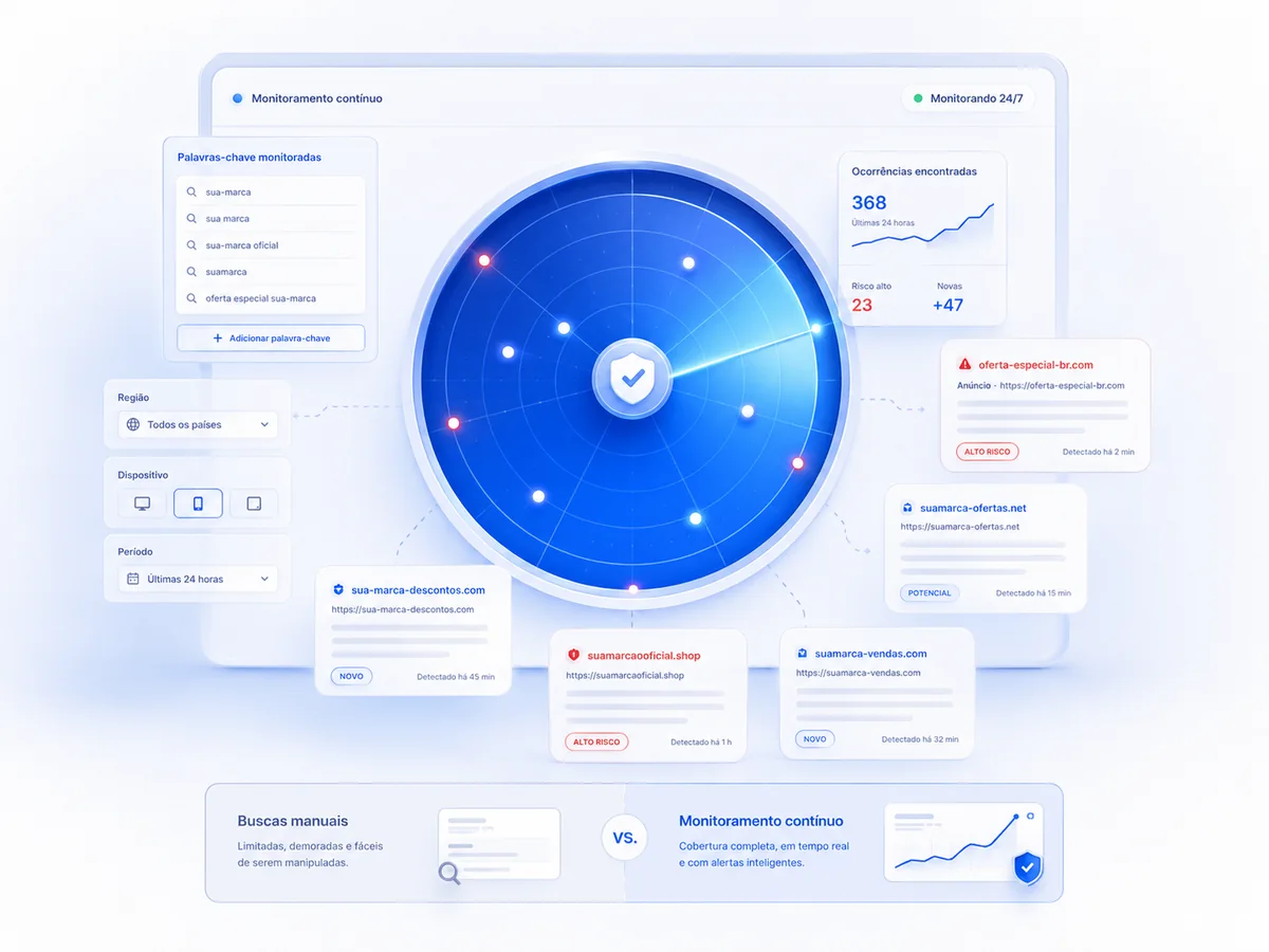 Monitoramento contínuo identificando anúncios e variações de uma marca no Google