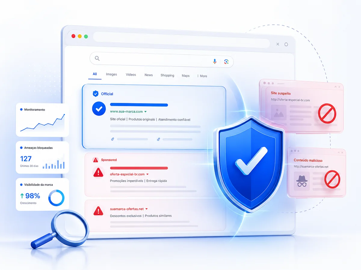 Empresa protegendo sua marca no Google contra anúncios de concorrentes e golpistas