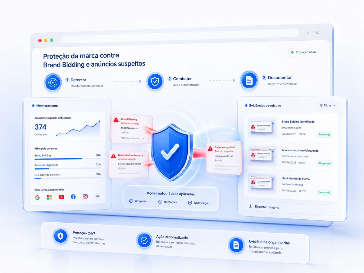 Plataforma de proteção de marca monitorando e combatendo Brand Bidding no Google